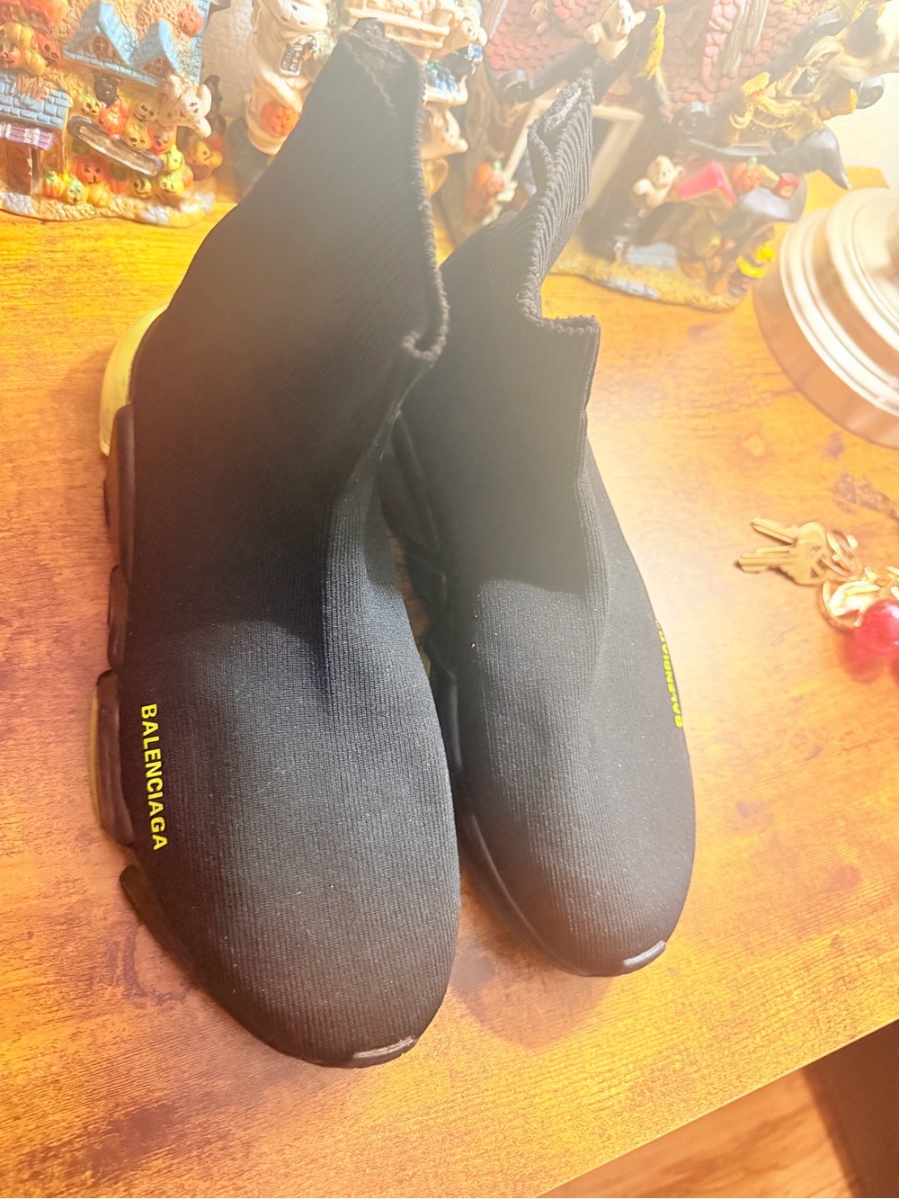 Balenciaga Black Knit Slip-On Sneakers with Yellow Accents